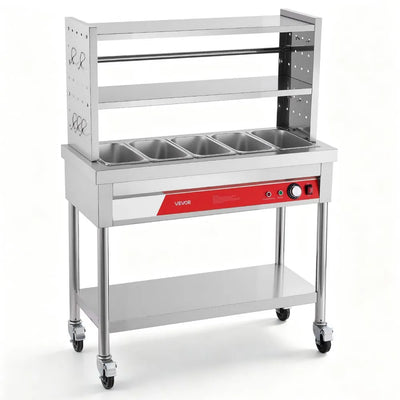 Vevor Food Warmer Commercial 5 x 1/3 Pan Electric Steam Table with Rolling Stand & Undershelf 1500W New