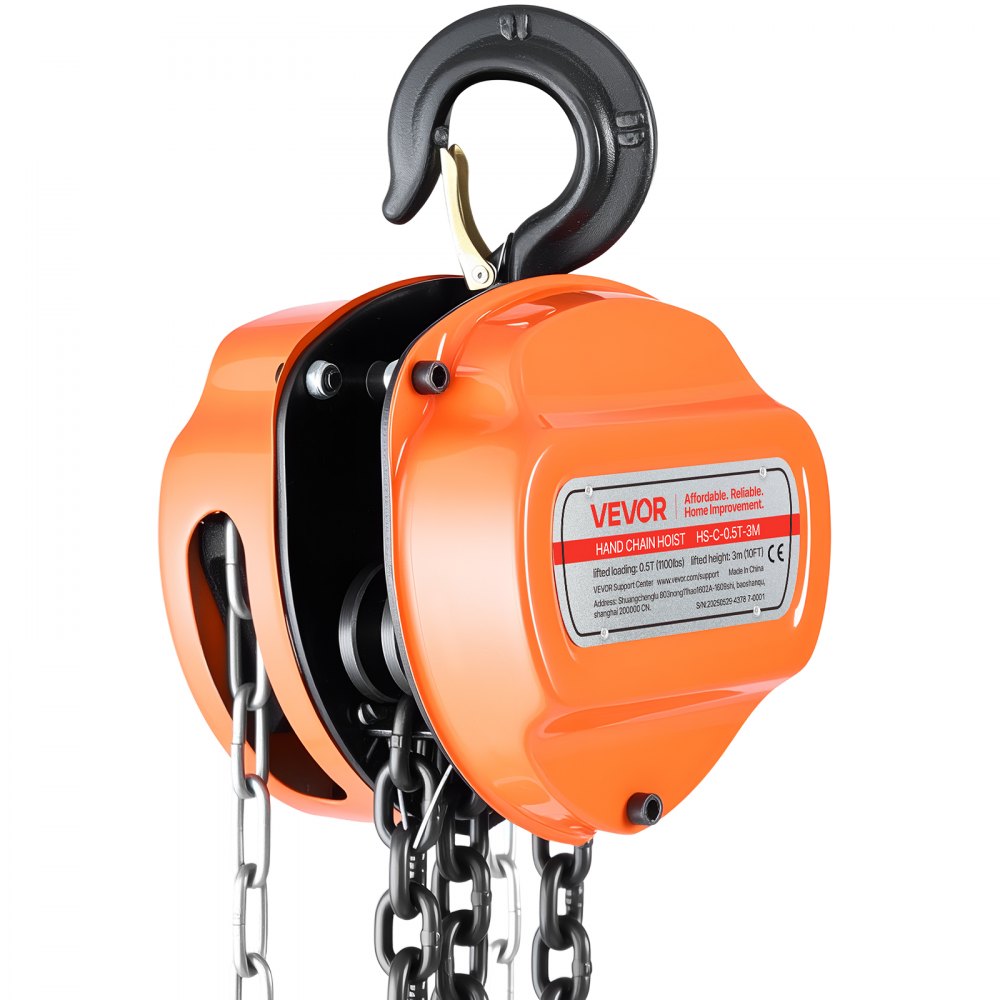 VEVOR Hand Chain Hoist, 1/2 Ton 1100 lbs Capacity, Manual Chain Block with Upgrade G80 Galvanized Chain, 10 ft Lifting Height, Heavy Duty Pulley Hoist for Garage Warehouse Automotive Machinery, Orange