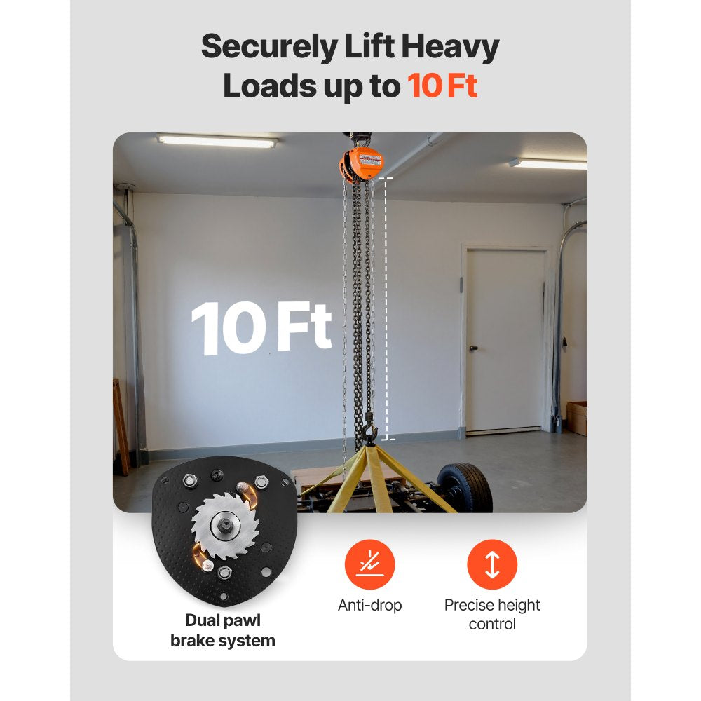 VEVOR Hand Chain Hoist, 1 Ton 2200 lbs Capacity, Manual Chain Block with Upgrade G80 Galvanized Chain, 10 ft Lifting Height, Heavy Duty Pulley Hoist for Garage Warehouse Automotive Machinery, Orange