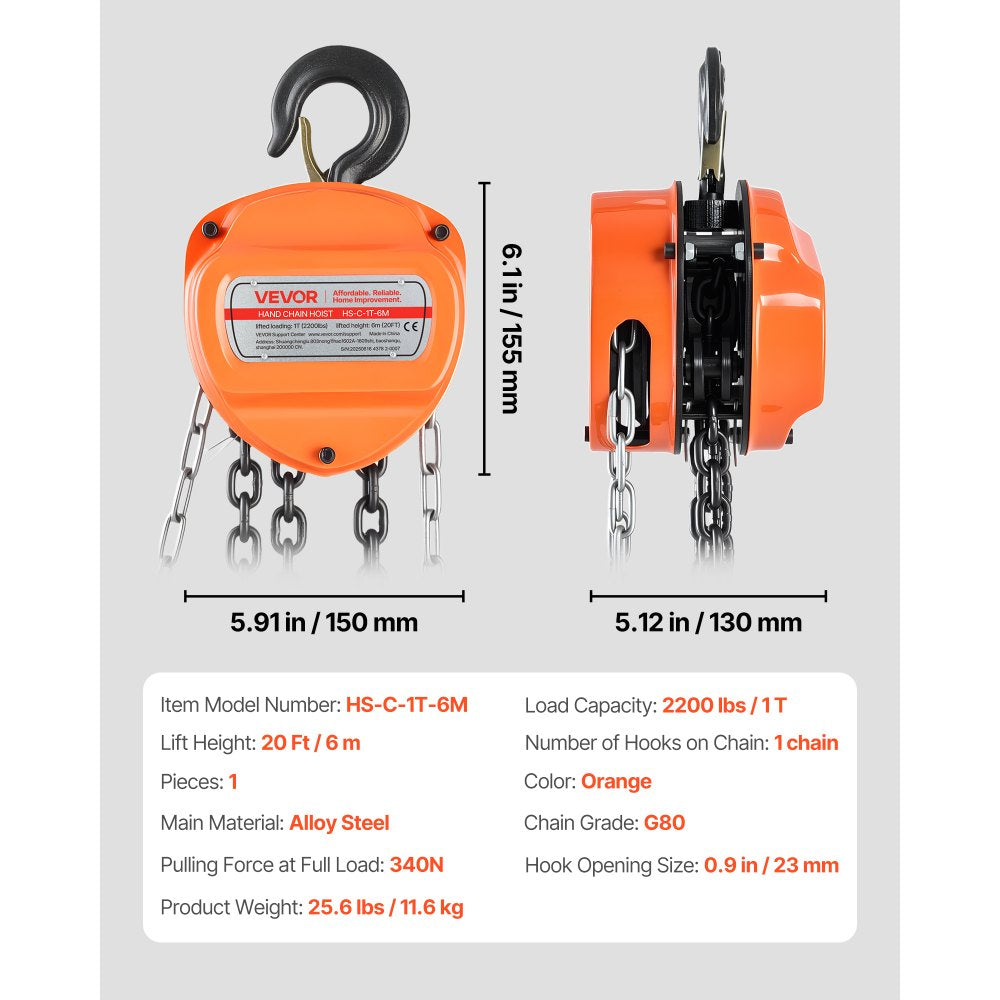 VEVOR Hand Chain Hoist, 1 Ton 2200 lbs Capacity, Manual Chain Block with Upgrade G80 Galvanized Chain, 20 ft Lifting Height, Heavy Duty Pulley Hoist for Garage Warehouse Automotive Machinery, Orange