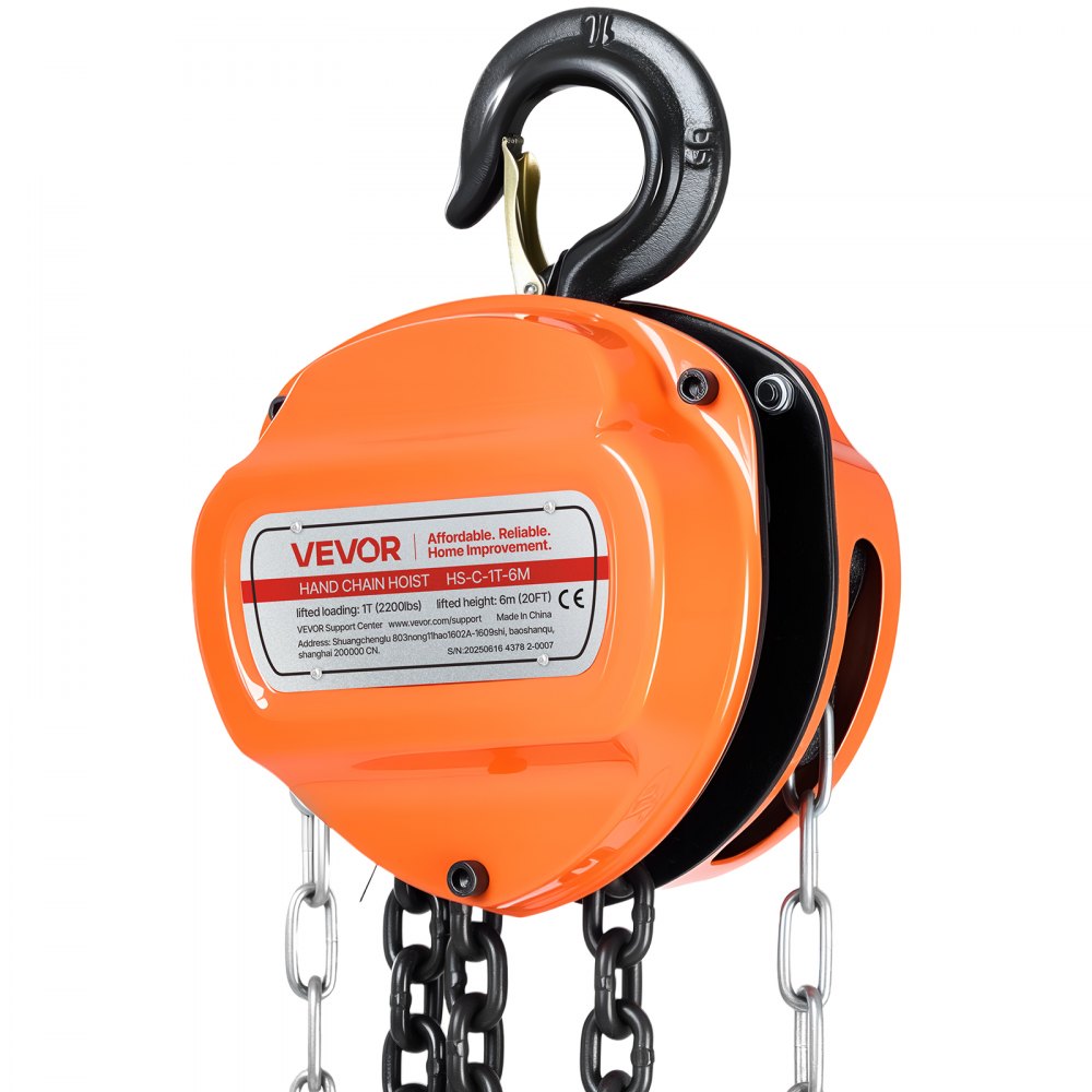 VEVOR Hand Chain Hoist, 1 Ton 2200 lbs Capacity, Manual Chain Block with Upgrade G80 Galvanized Chain, 20 ft Lifting Height, Heavy Duty Pulley Hoist for Garage Warehouse Automotive Machinery, Orange