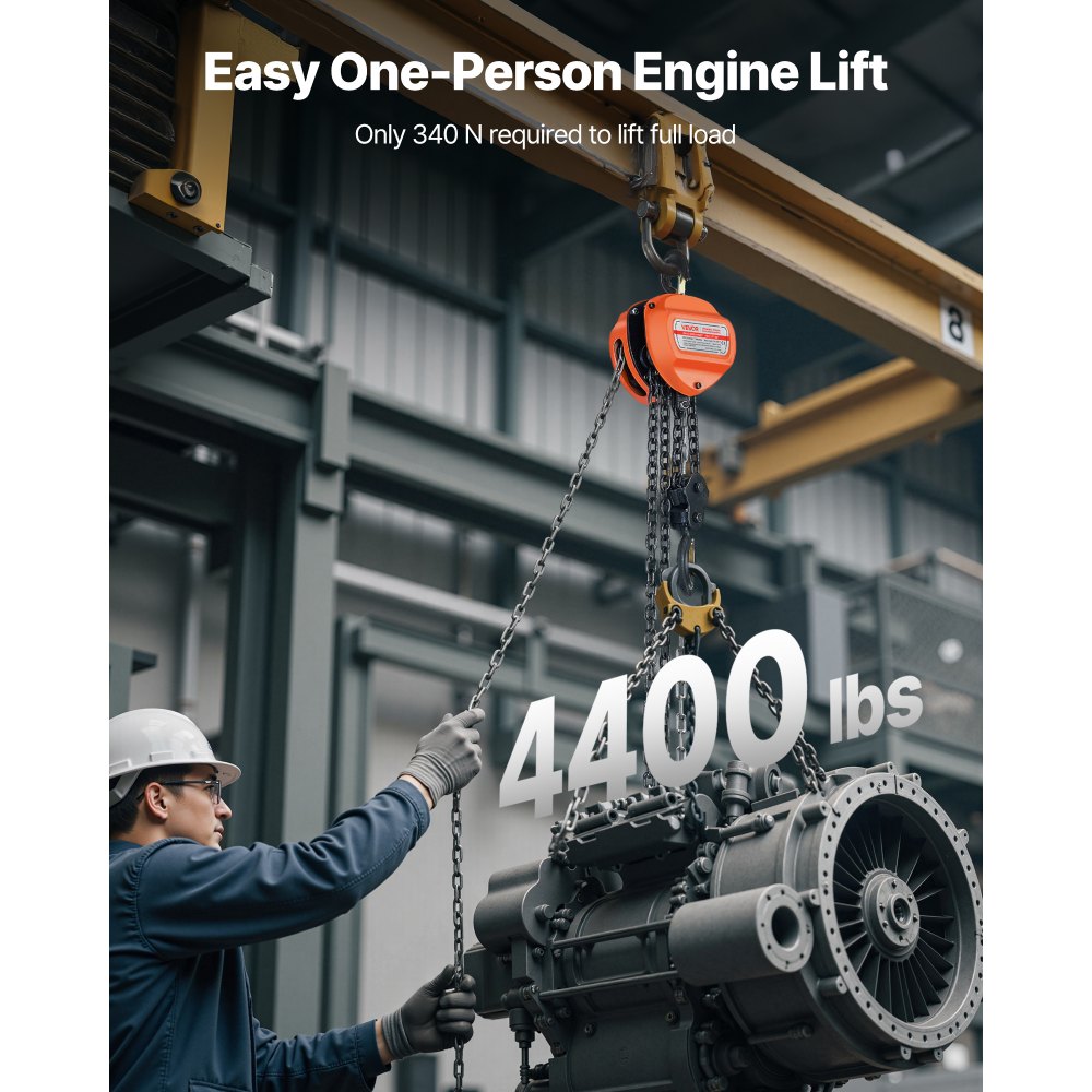 VEVOR Hand Chain Hoist, 2 Ton 4400 lbs Capacity, Manual Chain Block with Upgrade G80 Galvanized Chain, 10 ft Lifting Height, Heavy Duty Pulley Hoist for Garage Warehouse Automotive Machinery, Orange