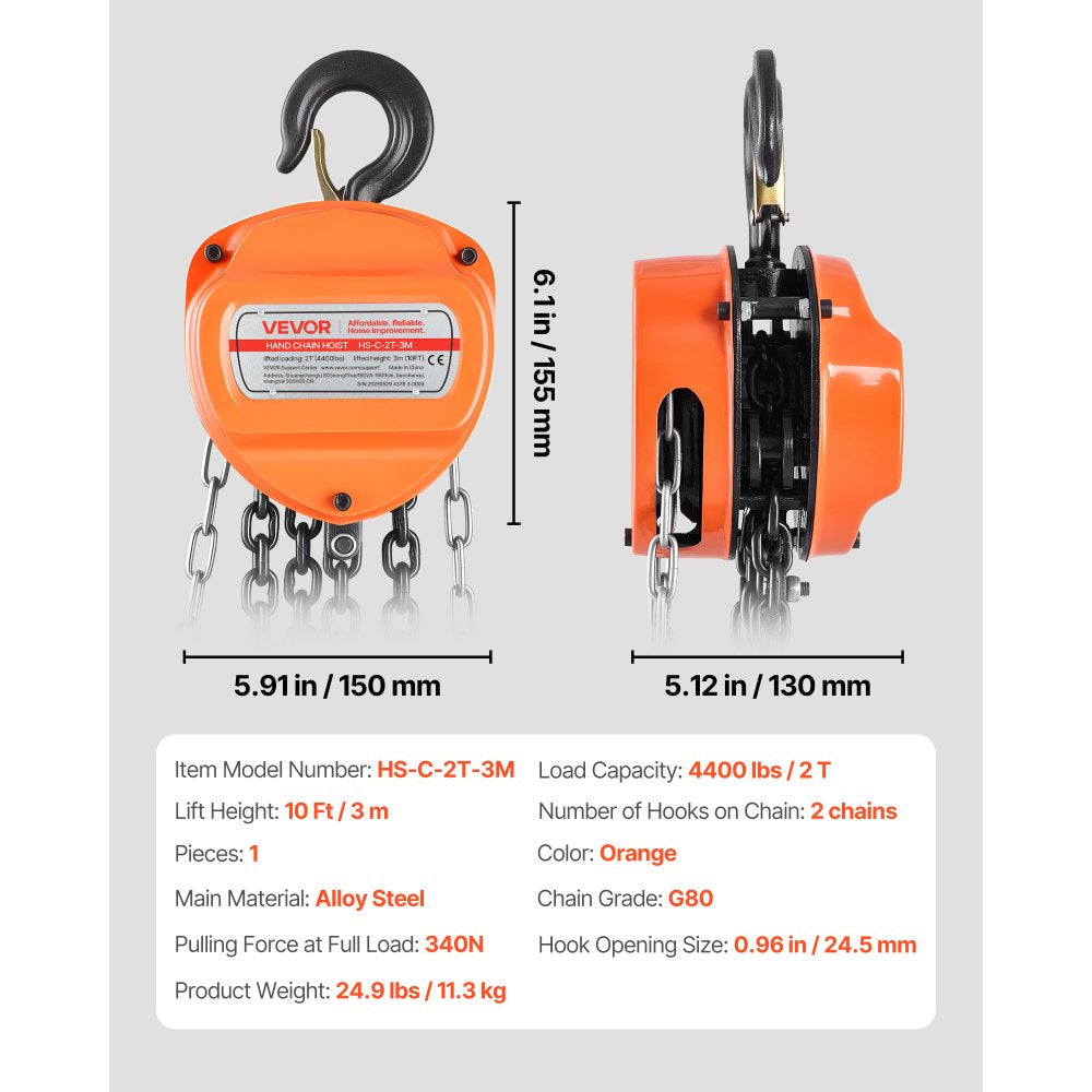 VEVOR Hand Chain Hoist, 2 Ton 4400 lbs Capacity, Manual Chain Block with Upgrade G80 Galvanized Chain, 10 ft Lifting Height, Heavy Duty Pulley Hoist for Garage Warehouse Automotive Machinery, Orange