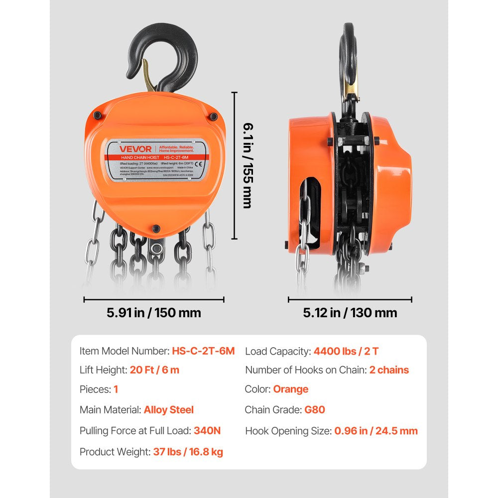 VEVOR Hand Chain Hoist, 2 Ton 4400 lbs Capacity, Manual Chain Block with Upgrade G80 Galvanized Chain, 20 ft Lifting Height, Heavy Duty Pulley Hoist for Garage Warehouse Automotive Machinery, Orange