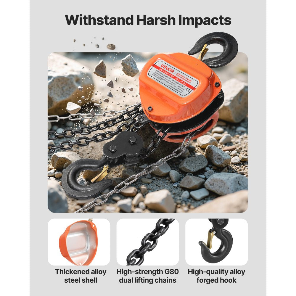 VEVOR Hand Chain Hoist, 3 Ton 6600 lbs Capacity, Manual Chain Block with Upgrade G80 Galvanized Chain, 20 ft Lifting Height, Heavy Duty Pulley Hoist for Garage Warehouse Automotive Machinery, Orange
