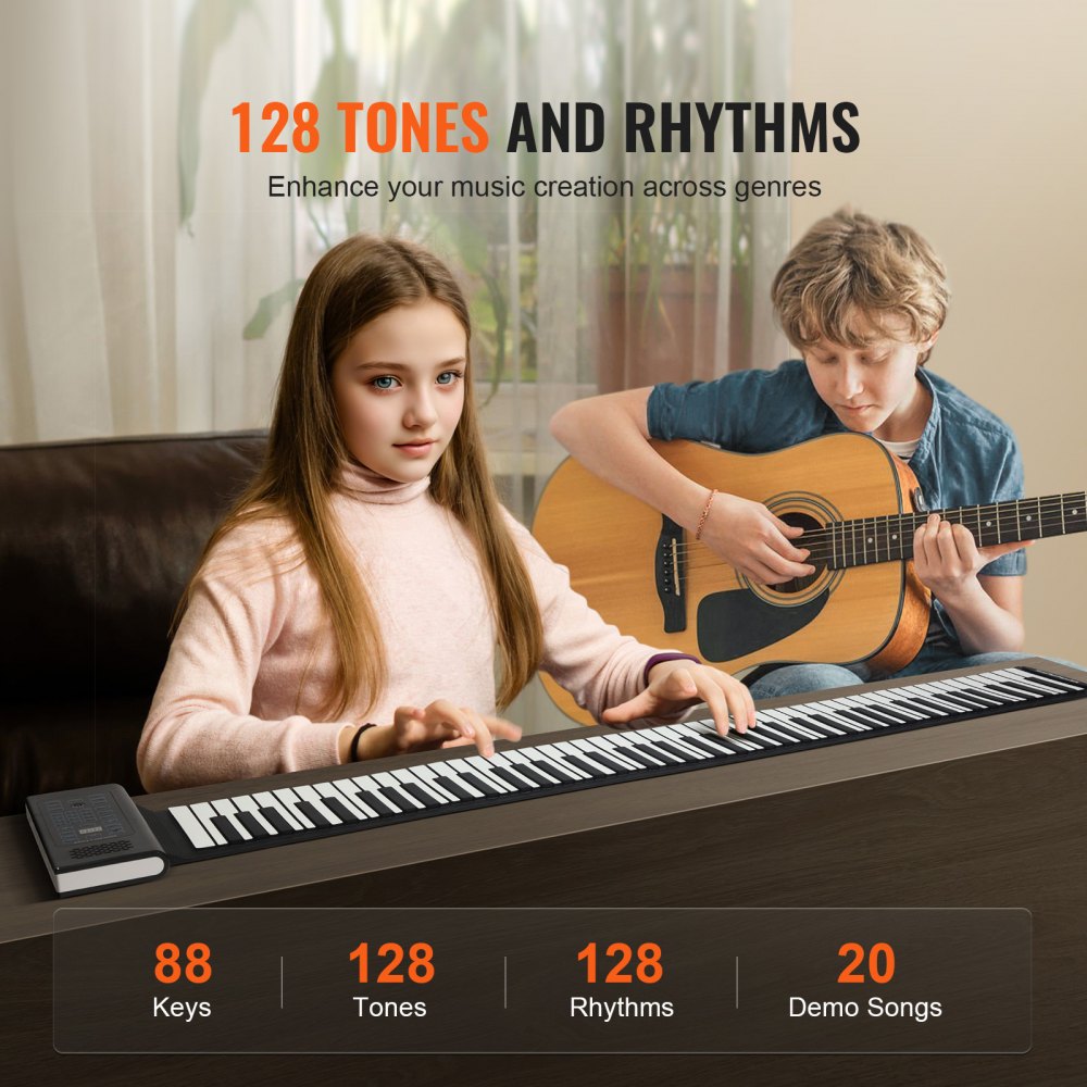VEVOR 88 Keys Roll Up Keyboard Piano, 128 Rhythms, 128 Tones Portable Electric Digital Hand Roll Piano with Rechargeable Battery 2W Speaker LED Display 5 Ports MIDI Function, for Kids Beginners Adults