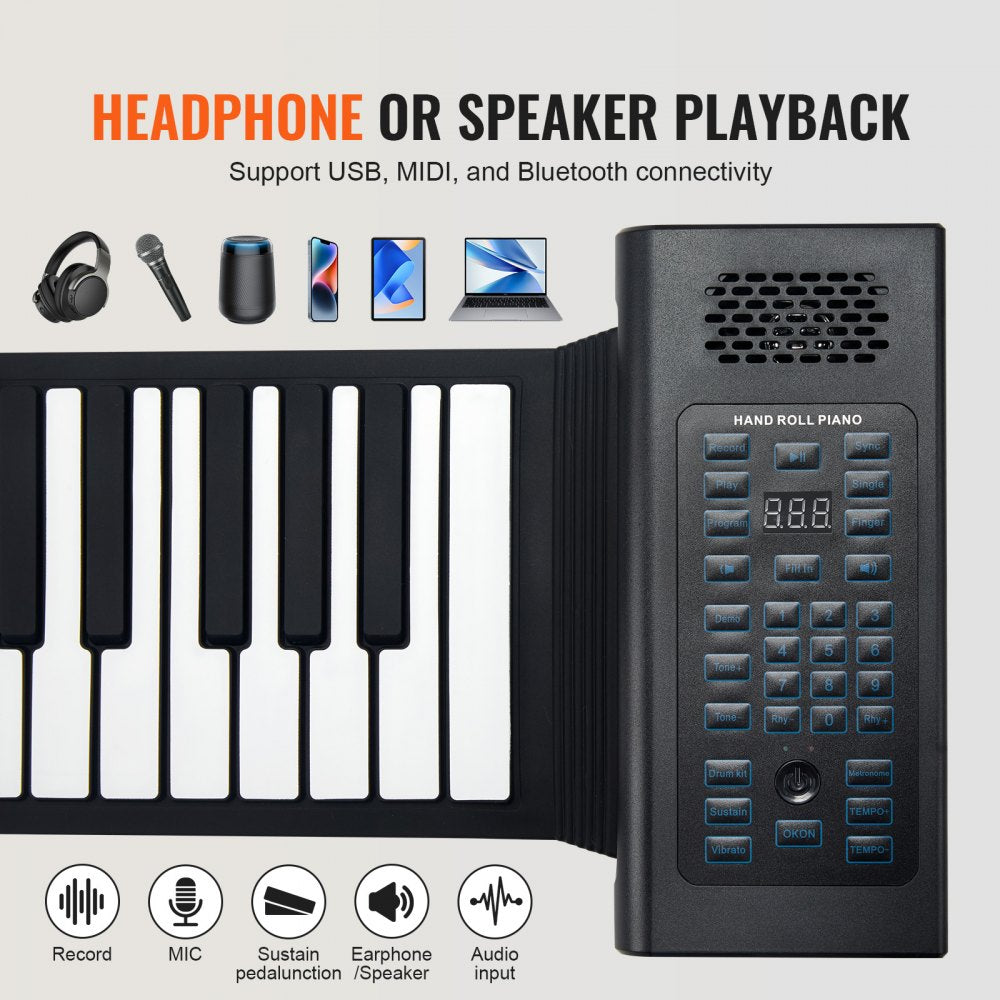 VEVOR 88 Keys Roll Up Keyboard Piano, 128 Rhythms, 128 Tones Portable Electric Digital Hand Roll Piano with Rechargeable Battery 2W Speaker LED Display 5 Ports MIDI Function, for Kids Beginners Adults
