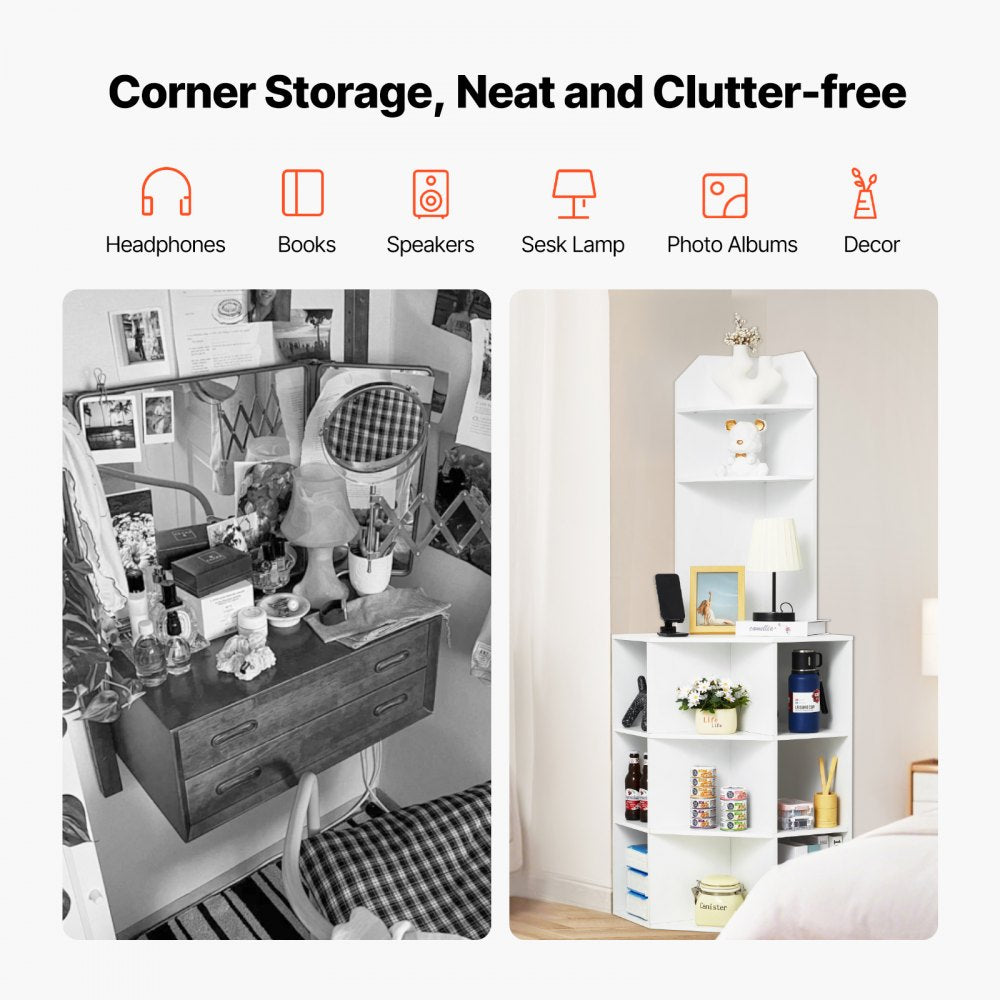 VEVOR 64" Tall Corner Storage Cabinet, 6 Tiers Wooden Storage Cabinet with USB Ports and Outlets & Adjustable Shelves, Freestanding Corner Cabinet for Living Room, Kitchen, Laundry Room, White