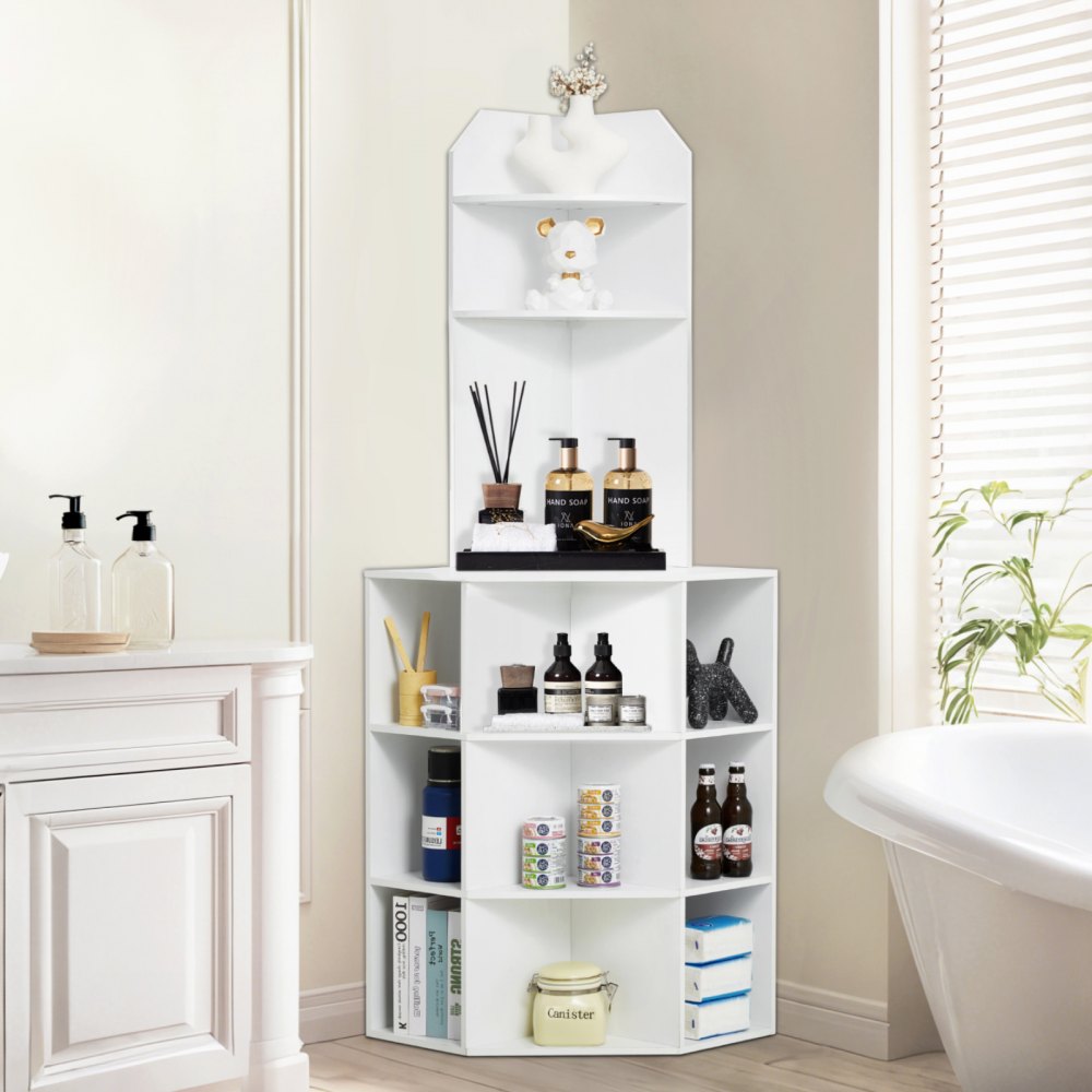 VEVOR 64" Tall Corner Storage Cabinet, 6 Tiers Wooden Storage Cabinet with USB Ports and Outlets & Adjustable Shelves, Freestanding Corner Cabinet for Living Room, Kitchen, Laundry Room, White