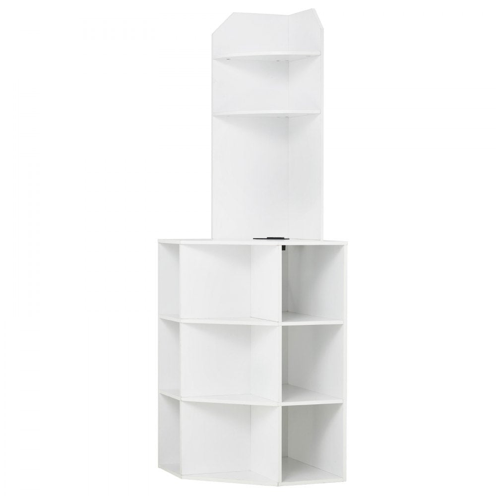 VEVOR 64" Tall Corner Storage Cabinet, 6 Tiers Wooden Storage Cabinet with USB Ports and Outlets & Adjustable Shelves, Freestanding Corner Cabinet for Living Room, Kitchen, Laundry Room, White