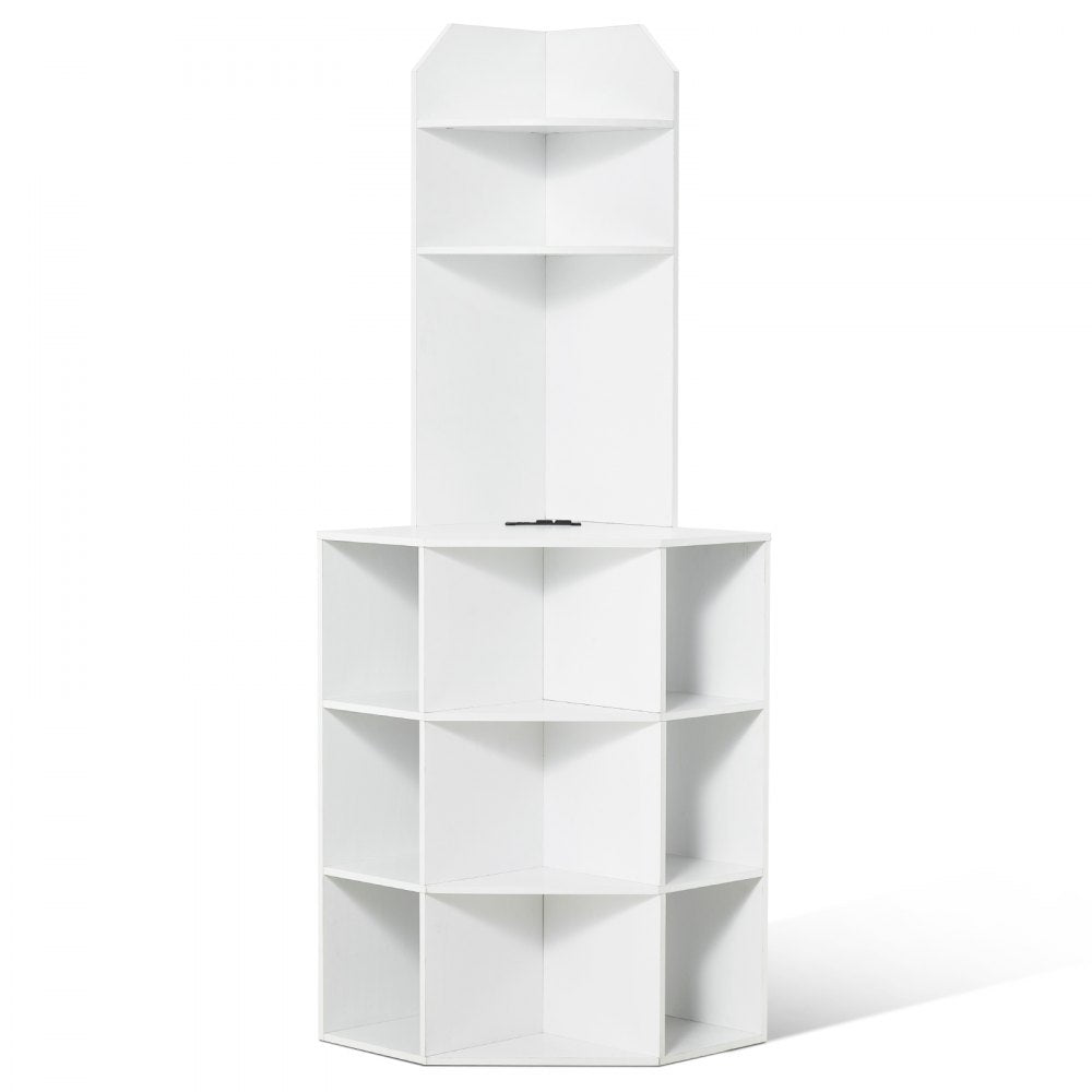VEVOR 64" Tall Corner Storage Cabinet, 6 Tiers Wooden Storage Cabinet with USB Ports and Outlets & Adjustable Shelves, Freestanding Corner Cabinet for Living Room, Kitchen, Laundry Room, White