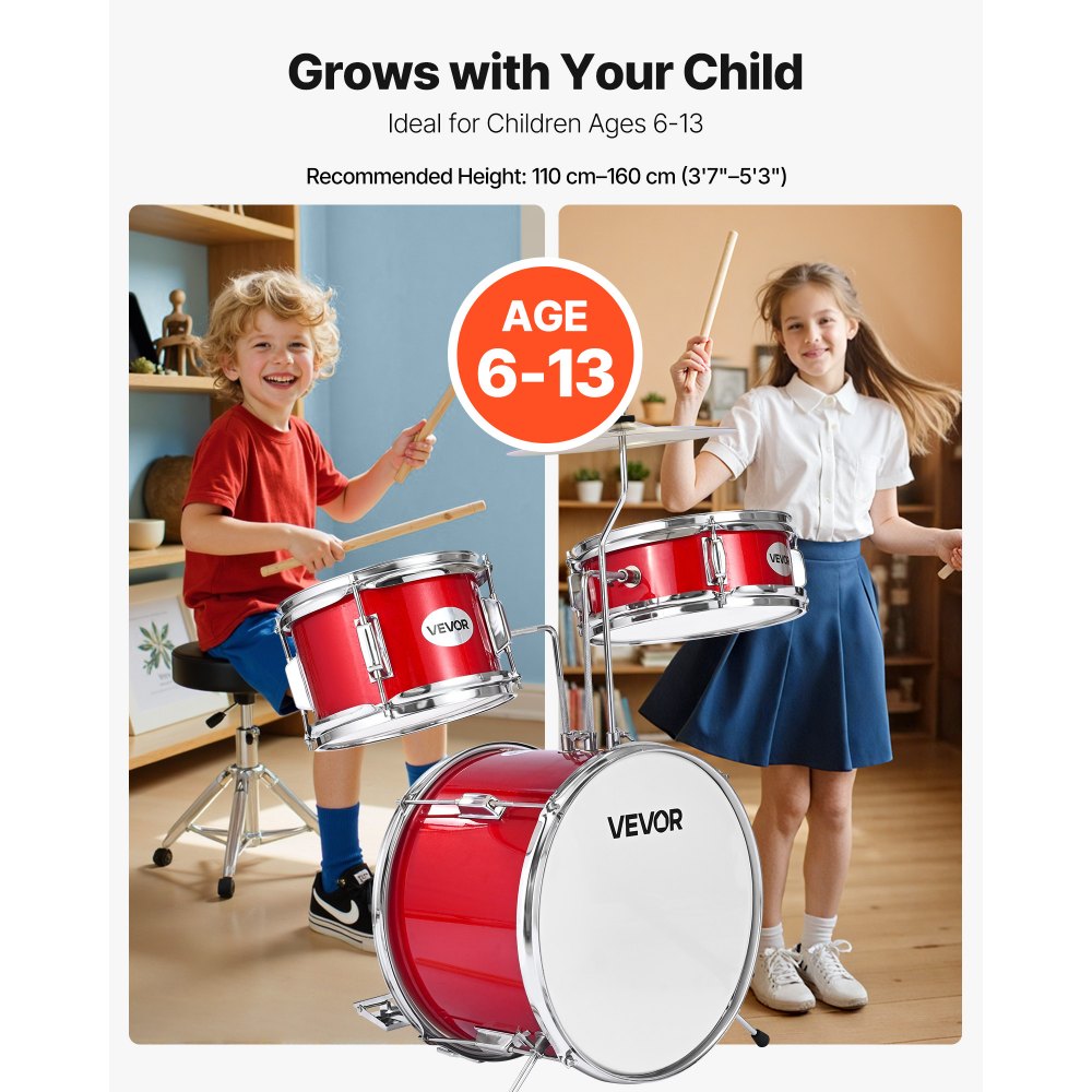 VEVOR Kids Drum Set, 3-Piece 14 in Junior Drum Sets, Beginner Drums Set with Adjustable Throne, Cymbal & Two Pairs of Drumsticks, Musical Learning Drums Instruments Kit, for Children Ages 6-13 (Red)