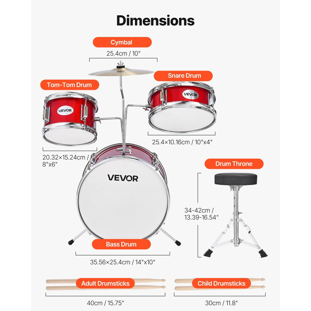 VEVOR Kids Drum Set, 3-Piece 14 in Junior Drum Sets, Beginner Drums Set with Adjustable Throne, Cymbal & Two Pairs of Drumsticks, Musical Learning Drums Instruments Kit, for Children Ages 6-13 (Red)