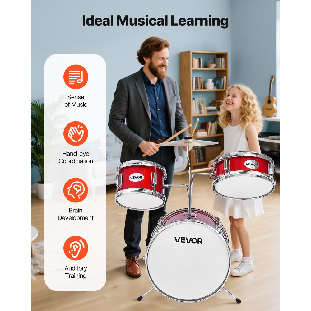 VEVOR Kids Drum Set, 3-Piece 14 in Junior Drum Sets, Beginner Drums Set with Adjustable Throne, Cymbal & Two Pairs of Drumsticks, Musical Learning Drums Instruments Kit, for Children Ages 6-13 (Red)