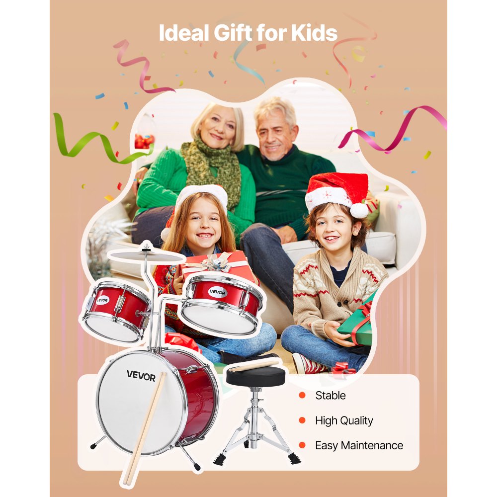 VEVOR Kids Drum Set, 3-Piece 14 in Junior Drum Sets, Beginner Drums Set with Adjustable Throne, Cymbal & Two Pairs of Drumsticks, Musical Learning Drums Instruments Kit, for Children Ages 6-13 (Red)