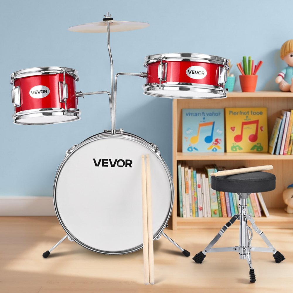 VEVOR Kids Drum Set, 3-Piece 14 in Junior Drum Sets, Beginner Drums Set with Adjustable Throne, Cymbal & Two Pairs of Drumsticks, Musical Learning Drums Instruments Kit, for Children Ages 6-13 (Red)