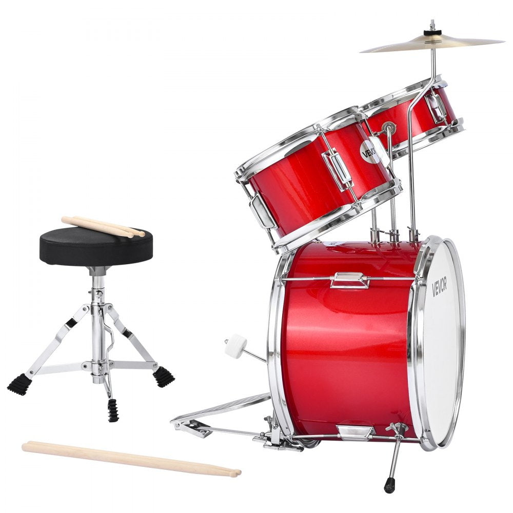 VEVOR Kids Drum Set, 3-Piece 14 in Junior Drum Sets, Beginner Drums Set with Adjustable Throne, Cymbal & Two Pairs of Drumsticks, Musical Learning Drums Instruments Kit, for Children Ages 6-13 (Red)