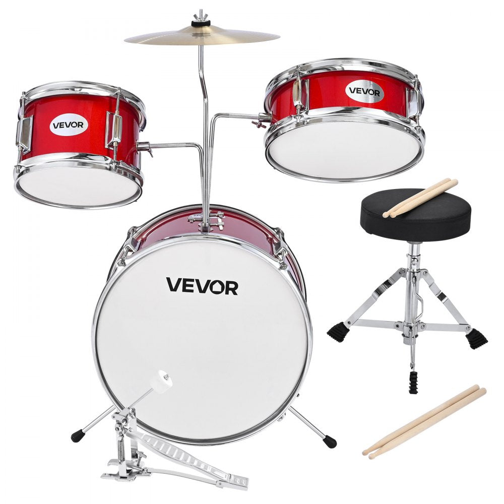 VEVOR Kids Drum Set, 3-Piece 14 in Junior Drum Sets, Beginner Drums Set with Adjustable Throne, Cymbal & Two Pairs of Drumsticks, Musical Learning Drums Instruments Kit, for Children Ages 6-13 (Red)