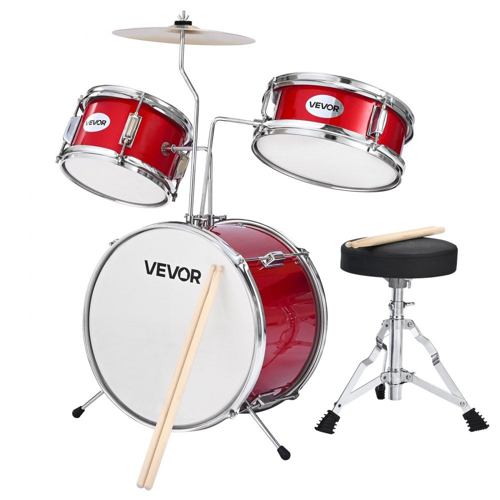 VEVOR Kids Drum Set, 3-Piece 14 in Junior Drum Sets, Beginner Drums Set with Adjustable Throne, Cymbal & Two Pairs of Drumsticks, Musical Learning Drums Instruments Kit, for Children Ages 6-13 (Red)