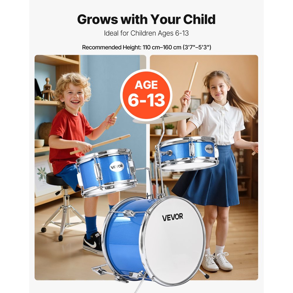 VEVOR Kids Drum Set, 3-Piece 14 in Junior Drum Sets, Beginner Drums Set with Adjustable Throne, Cymbal & Two Pairs of Drumsticks, Musical Learning Drums Instruments Kit, for Children Ages 6-13 (Blue)