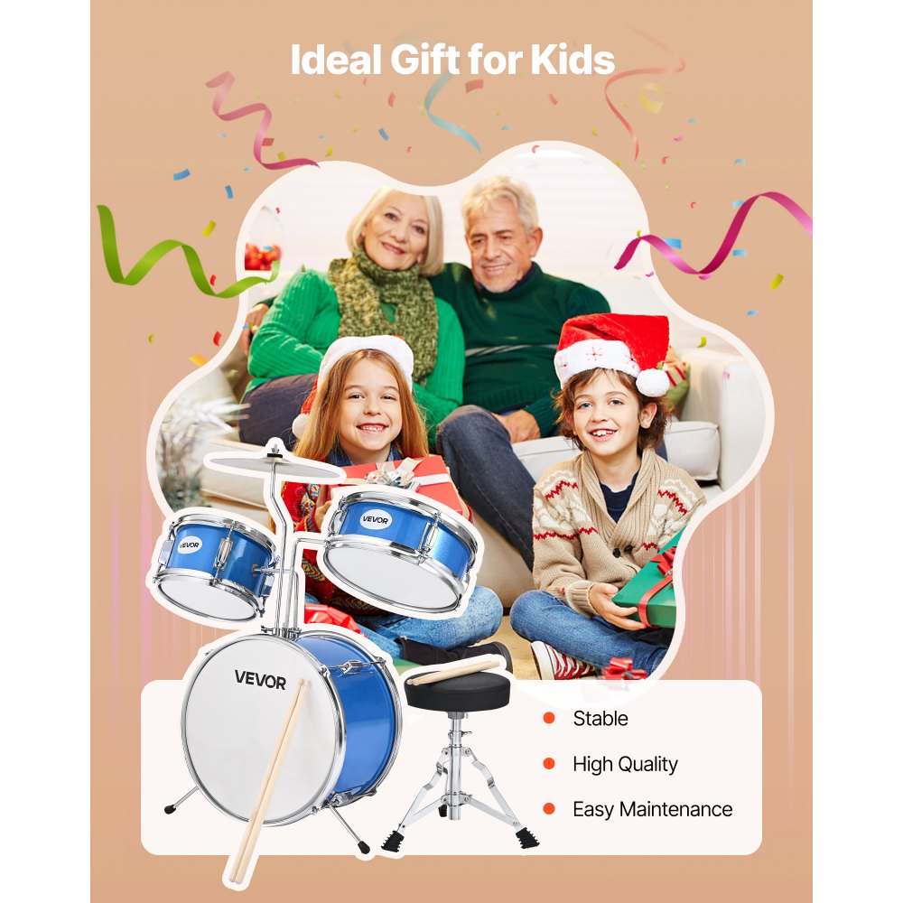 VEVOR Kids Drum Set, 3-Piece 14 in Junior Drum Sets, Beginner Drums Set with Adjustable Throne, Cymbal & Two Pairs of Drumsticks, Musical Learning Drums Instruments Kit, for Children Ages 6-13 (Blue)
