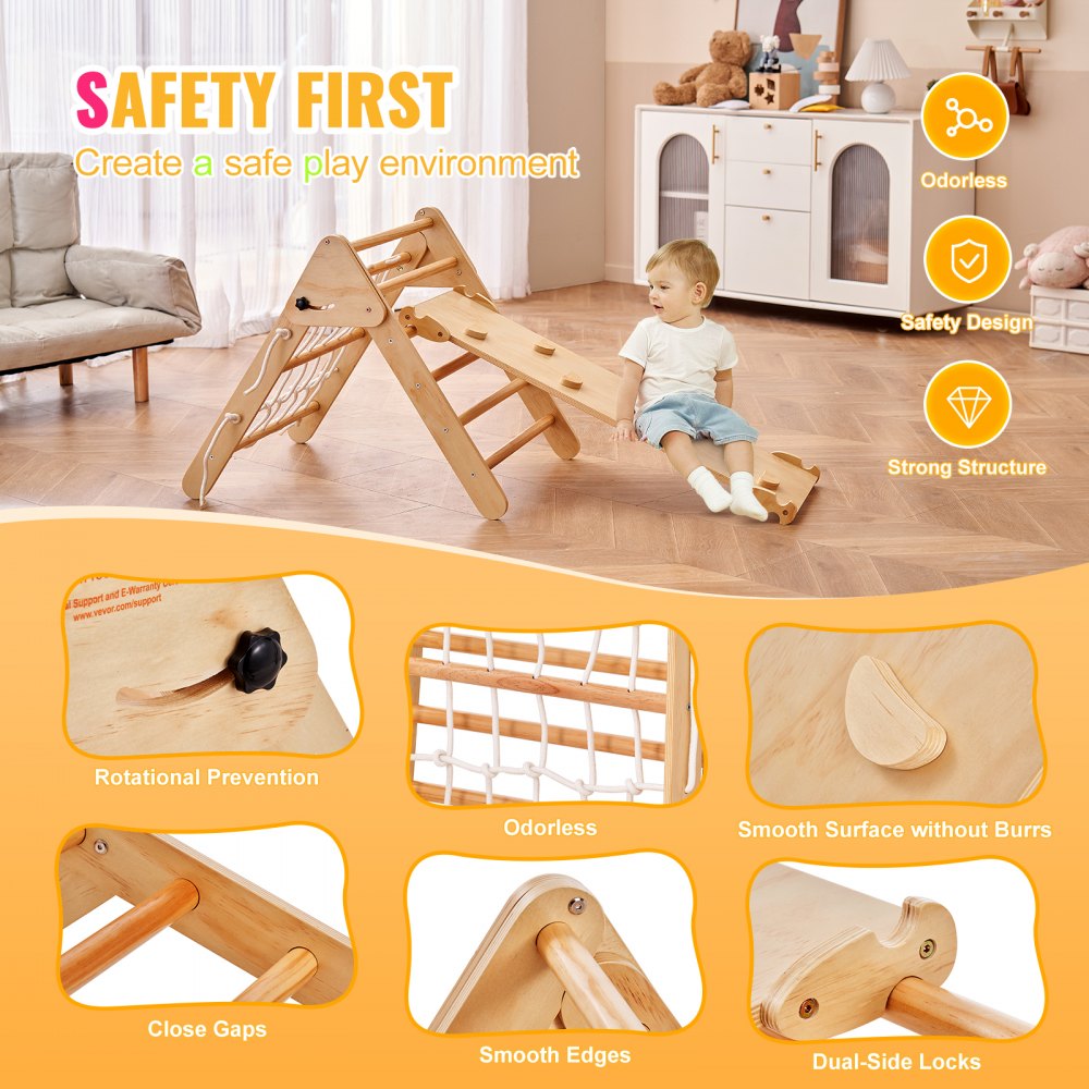 VEVOR Pikler Triangle Set, 4 in 1 Toddler Climbing Toys Indoor Playground, Large Size Wooden Climbing Gym for Toddlers 1-3 Years, Montessori Climbing Set with Triangle and Ramp, Wood Color