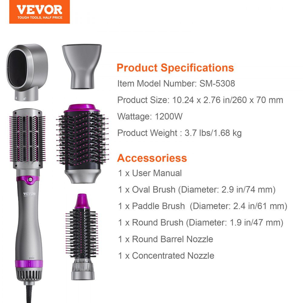 VEVOR Hair Air Styler and Dryer Brush, 5-in-1 Multi Hair Styler, Ionic Blow Dryer Brush with 3 Heat Settings, 3 Brushes & 2 Nozzles, High-Speed Hair Styling Tool for Volumizing Straightening Curling