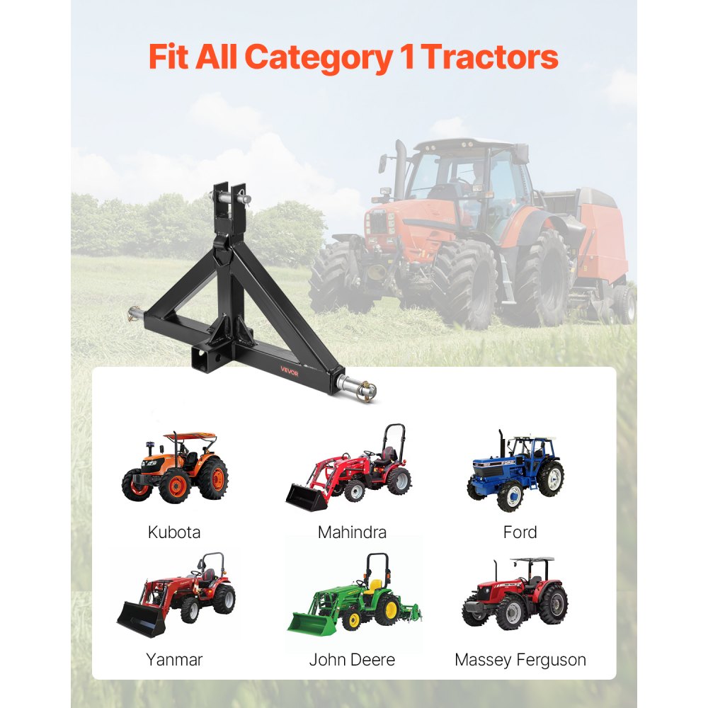 VEVOR 3 Point Hitch Receiver with 2 in Receiver, 3pt Quick Hitch Attachment, 3,000 lbs Capacity, Heavy Duty Tractor Tow Drawbar Adapter, Compatible with Kubota, Mahindra, John Deere, Massey Ferguson