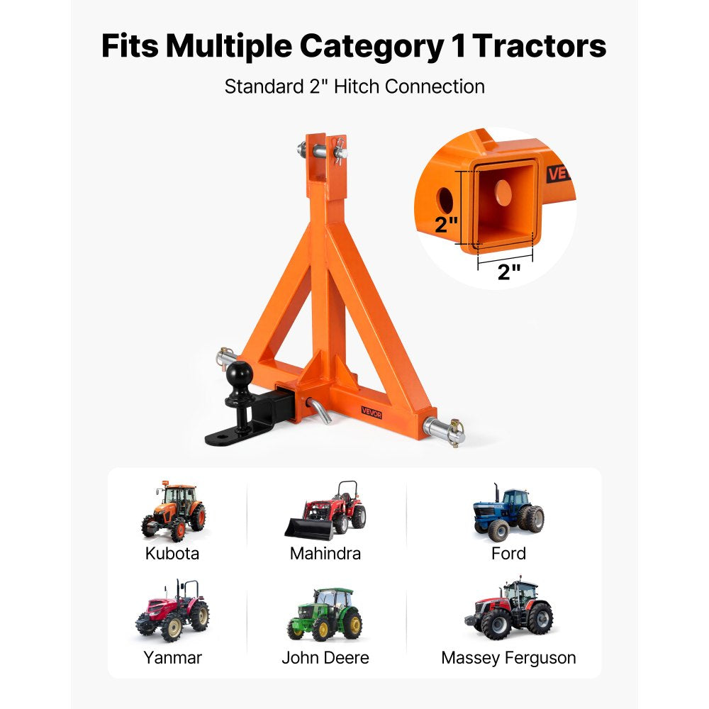 VEVOR 3 Point Trailer Hitch with 2" Receiver, 3 Pt Quick Hitch Attachment with Trailer Ball, Tractor Tow Drawbar Adapter, Fits Category 1, Kubota, Mahindra, Ford, Yanmar, John Deere, Massey Ferguson