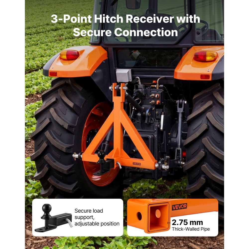 VEVOR 3 Point Trailer Hitch with 2" Receiver, 3 Pt Quick Hitch Attachment with Trailer Ball, Tractor Tow Drawbar Adapter, Fits Category 1, Kubota, Mahindra, Ford, Yanmar, John Deere, Massey Ferguson
