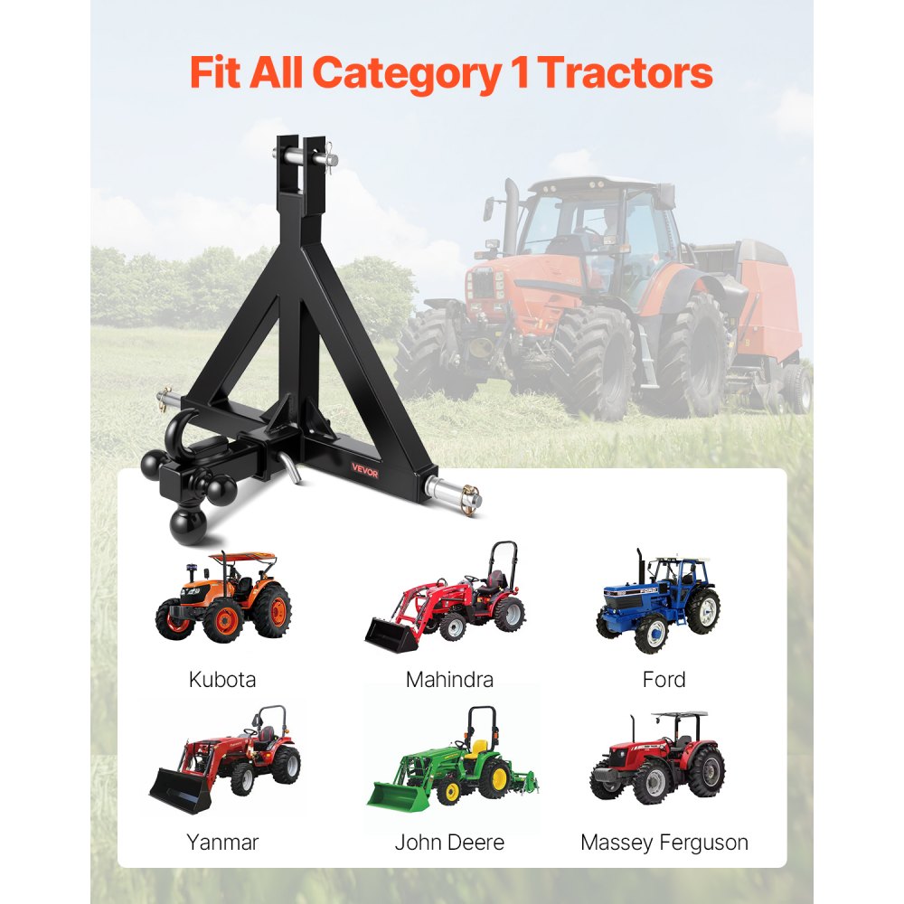 VEVOR 3 Point Trailer Hitch 2 in Receiver, 3pt Quick Hitch Attachment with 3 Trailer Balls, Tractor Tow Drawbar Adapter, Compatible with Kubota, Mahindra, Ford, Yanmar, John Deere, Massey Ferguson