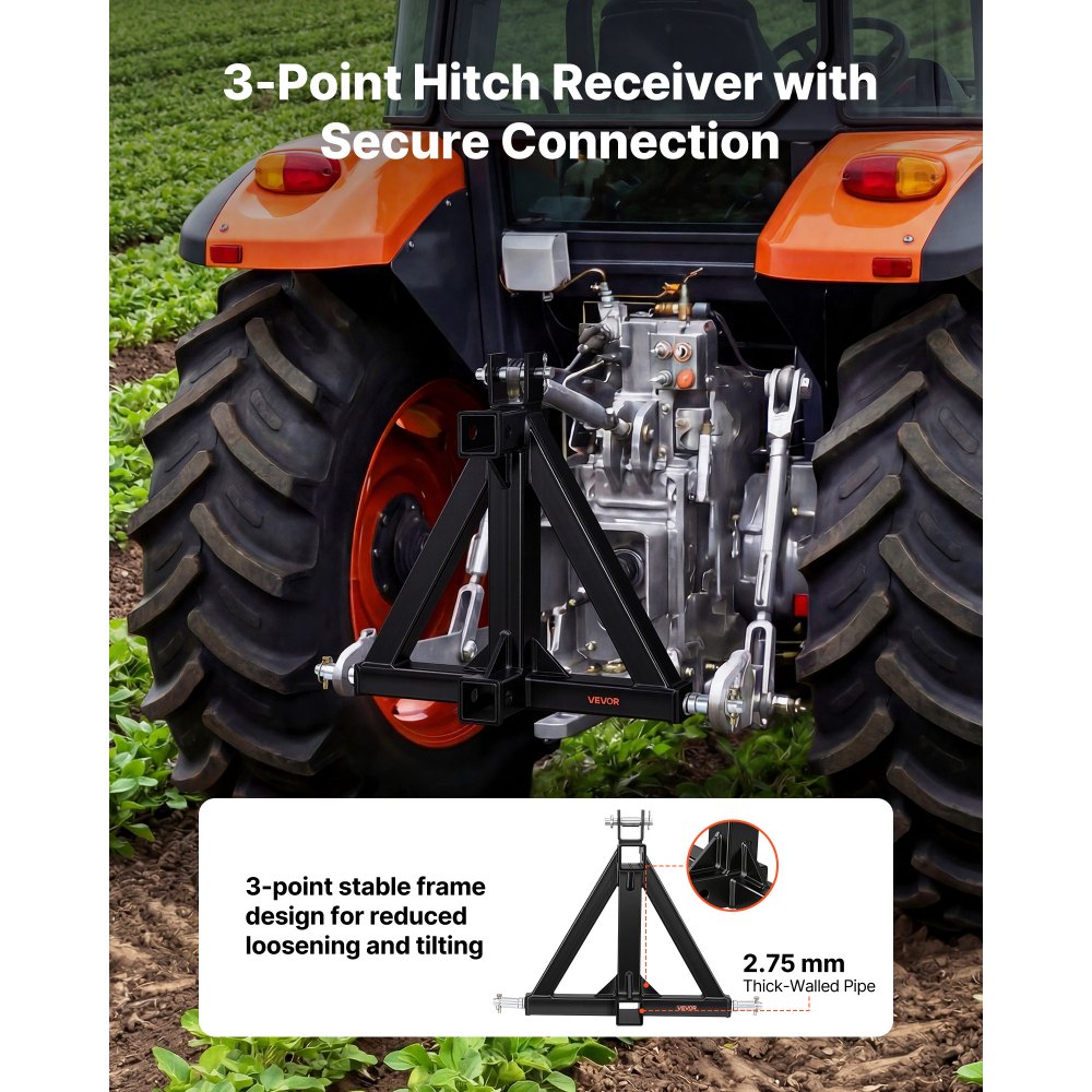 VEVOR 3 Point Trailer Hitch with 2" Receiver, 3 Pt Quick Hitch Attachment, Tractor Tow Drawbar Adapter, Compatible with Category 1, Kubota, Mahindra, Ford, Yanmar, John Deere, Massey Ferguson, Tractor