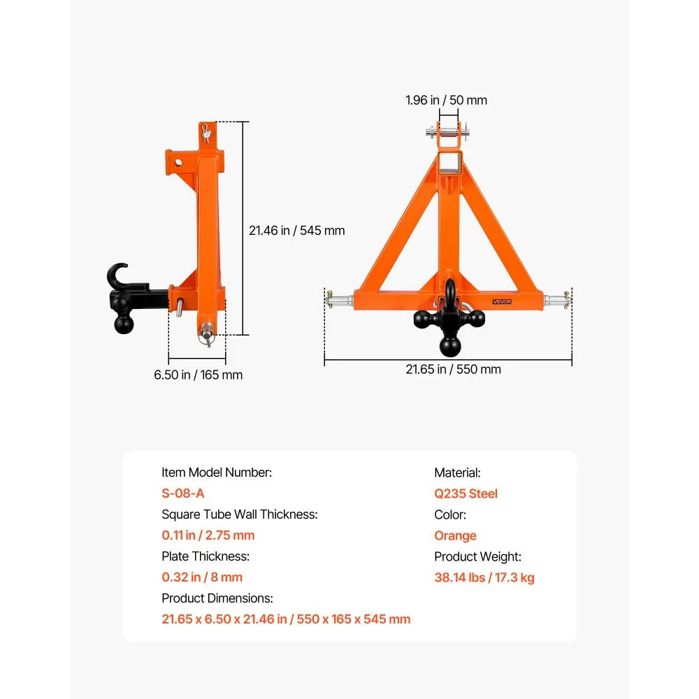 VEVOR 3 Point Trailer Hitch with 2" Receiver, 3 Pt Quick Hitch with 3 Trailer Balls, Tractor Tow Drawbar Adapter for Category 1, Kubota, Mahindra, Ford, Yanmar, John Deere, Massey Ferguson, Orange