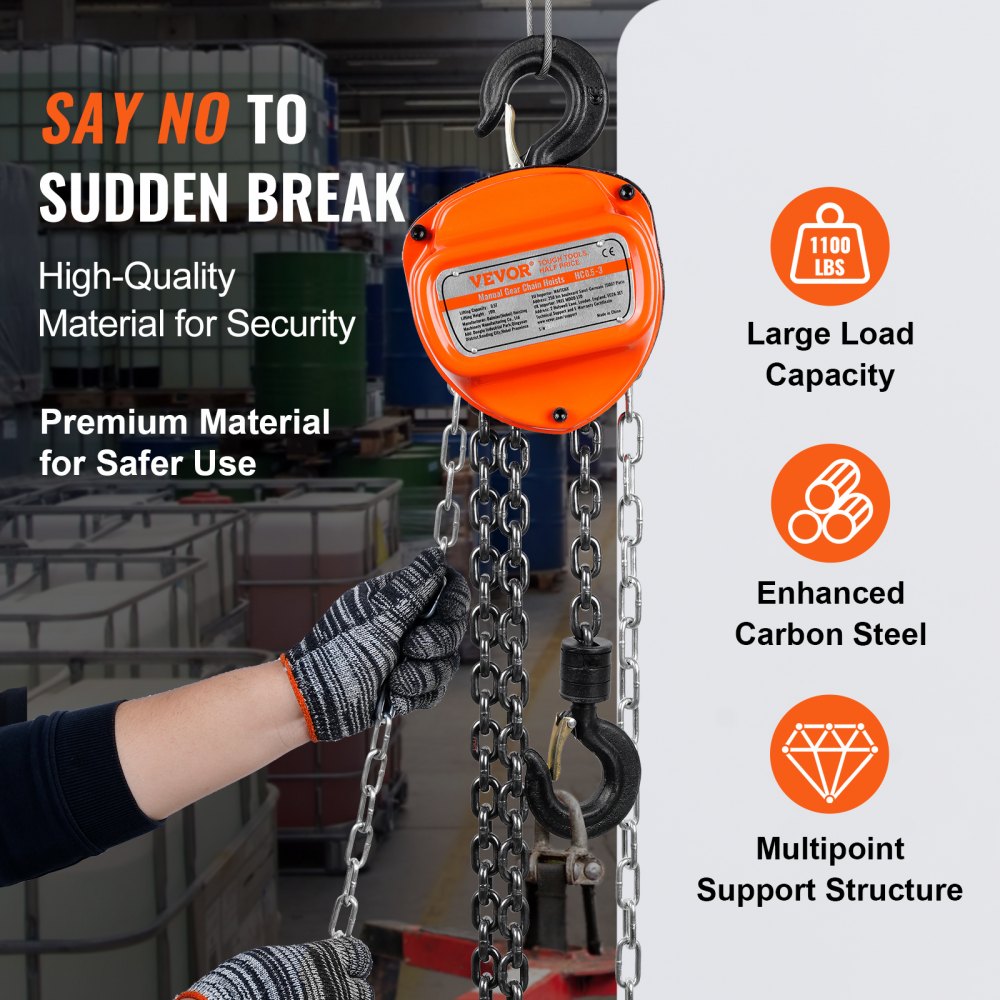VEVOR 1/2 Ton/1100 LBS Hand Chain Hoist 10 FT Come Along, 1100 lbs Capacity G80 Galvanized Carbon Steel with Double-Pawl Brake, Auto Chain Leading & 360° Rotation Hook, for Garage Factory Dock