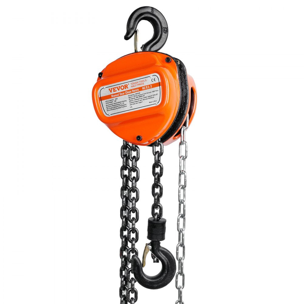 VEVOR 1/2 Ton/1100 LBS Hand Chain Hoist 10 FT Come Along, 1100 lbs Capacity G80 Galvanized Carbon Steel with Double-Pawl Brake, Auto Chain Leading & 360° Rotation Hook, for Garage Factory Dock