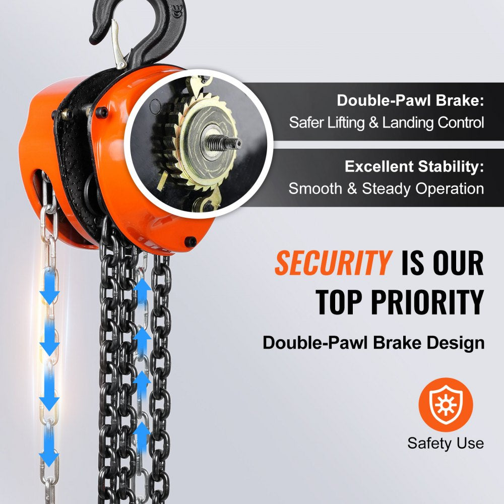 VEVOR Hand Chain Hoist, 1 Ton 2200 lbs Capacity 10 FT Come Along, G80 Galvanized Carbon Steel with Double-Pawl Brake, Auto Chain Leading & 360° Rotation Hook, for Garage Factory Dock