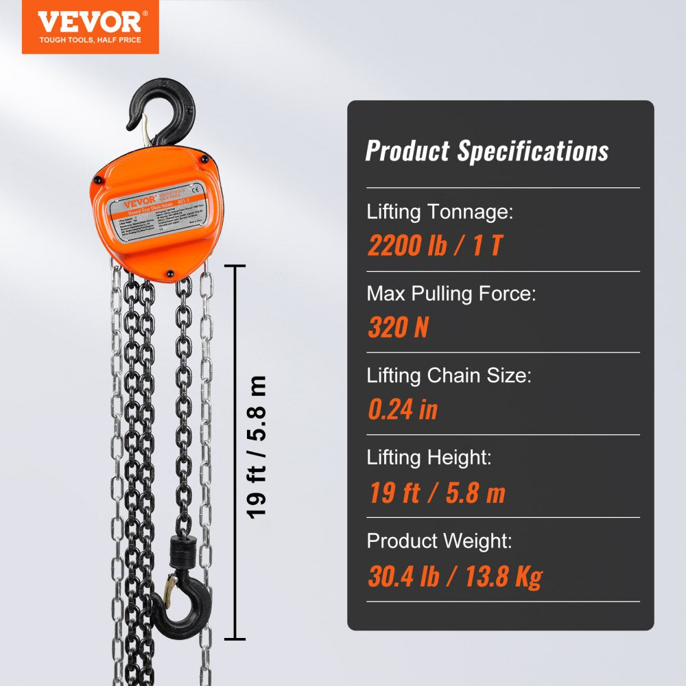 VEVOR Hand Chain Hoist, 1 Ton 2200 lbs Capacity 20 FT Come Along, G80 Galvanized Carbon Steel with Double-Pawl Brake, Auto Chain Leading & 360° Rotation Hook, for Garage Factory Dock