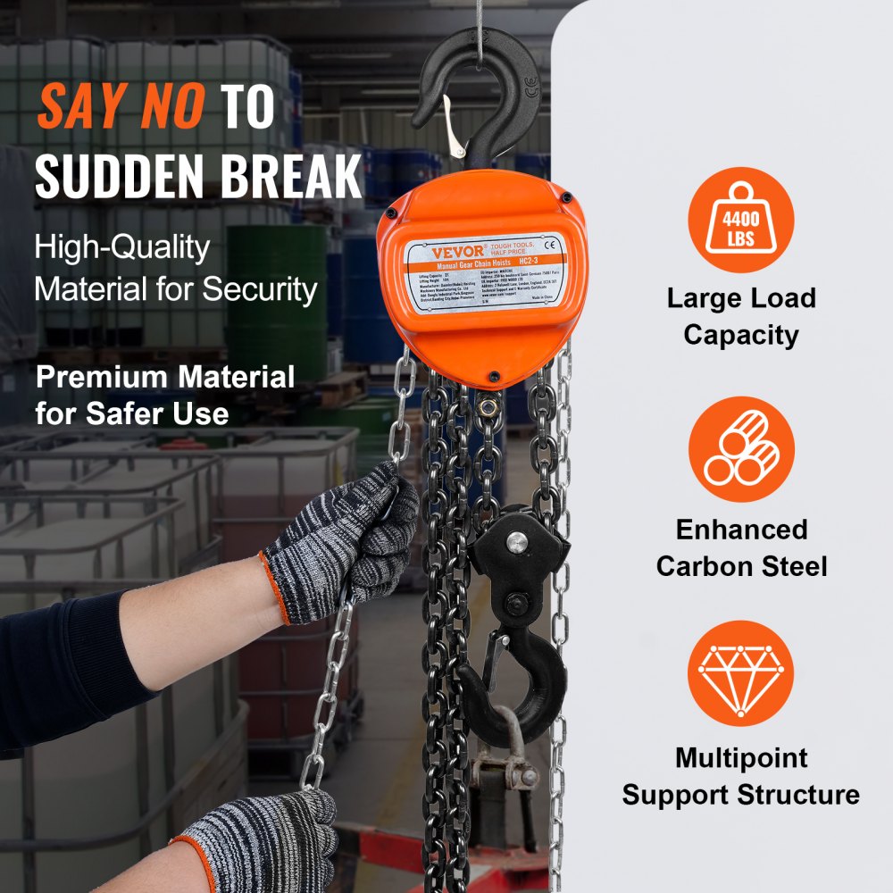 VEVOR  2 Ton Hand Chain Hoist 10 FT Come Along, 4400 lbs Capacity G80 Galvanized Carbon Steel with Double-Pawl Brake, Auto Chain Leading & 360° Rotation Hook, for Garage Factory Dock
