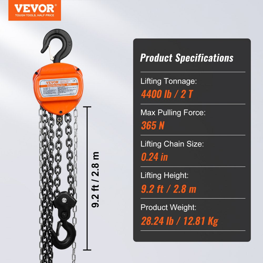 VEVOR  2 Ton Hand Chain Hoist 10 FT Come Along, 4400 lbs Capacity G80 Galvanized Carbon Steel with Double-Pawl Brake, Auto Chain Leading & 360° Rotation Hook, for Garage Factory Dock