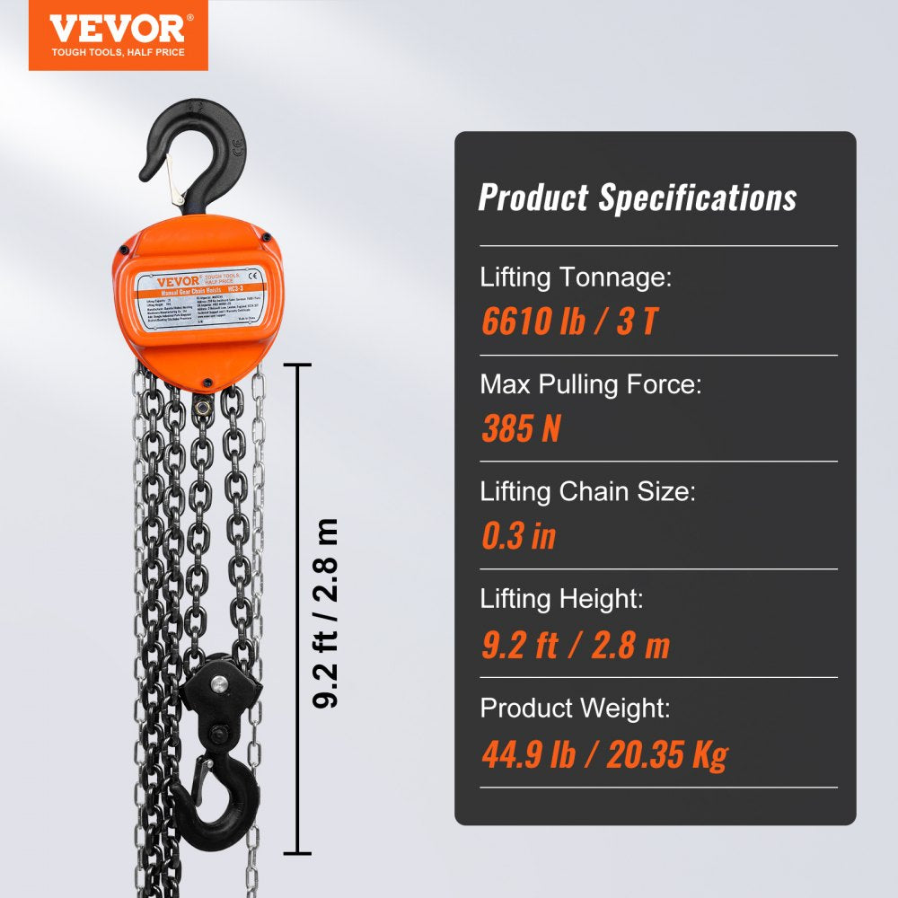 VEVOR Hand Chain Hoist, 3 Ton 6600 lbs Capacity 10 FT Come Along, G80 Galvanized Carbon Steel with Double-Pawl Brake, Auto Chain Leading & 360° Rotation Hook, for Garage Factory Dock