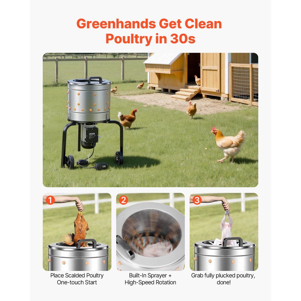 VEVOR Chicken Plucker Machine, 15.7 in Drum, 550W & 275RPM Electric Chicken Plucking Machine with 114 Soft Fingers & Transport Wheels, Stainless Steel Feather Remover for Processing 1-2 Chicks Once