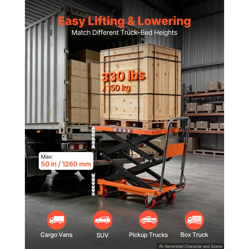 VEVOR Hydraulic Lift Table Cart, 330 lbs Capacity 50 in Lifting Height, for Material Handling, Moving, Transportation, Manual Double Scissor Lift Table, with 4 Wheels and Handle, Heavy-Duty Steel