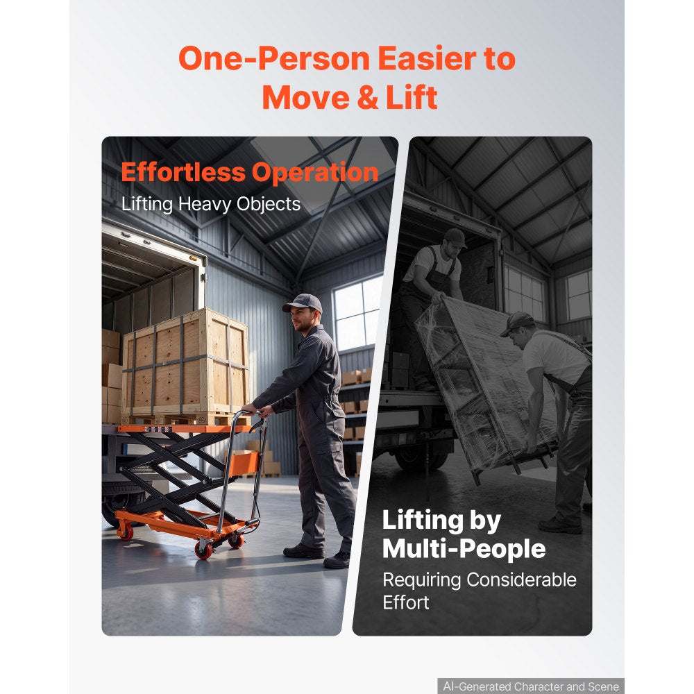 VEVOR Hydraulic Lift Table Cart, 330 lbs Capacity 50 in Lifting Height, for Material Handling, Moving, Transportation, Manual Double Scissor Lift Table, with 4 Wheels and Handle, Heavy-Duty Steel
