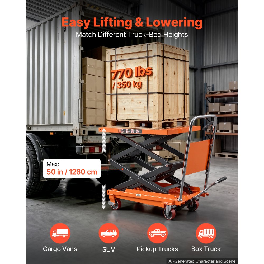 VEVOR Hydraulic Lift Table Cart, 770 lbs Capacity 50 in Lifting Height, for Material Handling, Moving, Transportation, Manual Double Scissor Lift Table, with 4 Wheels and Handle, Heavy-Duty Steel