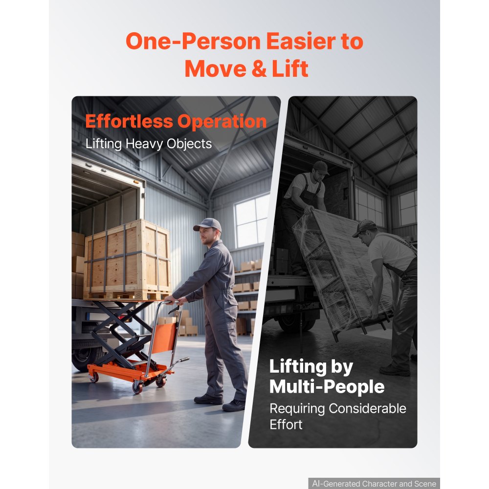 VEVOR Hydraulic Lift Table Cart, 770 lbs Capacity 50 in Lifting Height, for Material Handling, Moving, Transportation, Manual Double Scissor Lift Table, with 4 Wheels and Handle, Heavy-Duty Steel