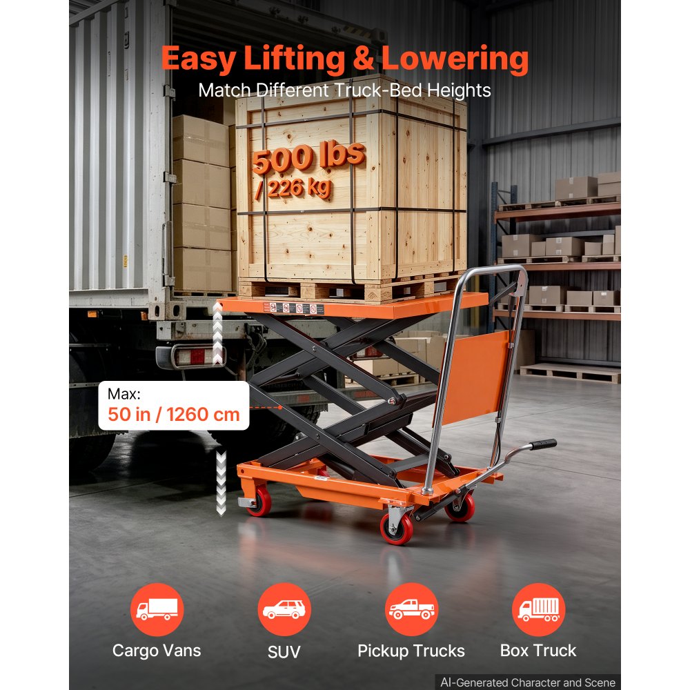 VEVOR Hydraulic Lift Table Cart, 500 lbs Capacity 50 in Lifting Height, for Material Handling, Moving, Transportation, Manual Double Scissor Lift Table, with 4 Wheels and Handle, Heavy-Duty Steel