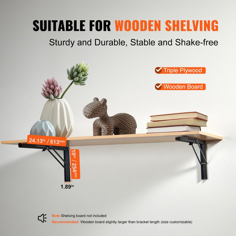 VEVOR Shelf Bracket Foldable, 24” L 2 Pcs , Heavy Duty Floating Shelf Brackets, Brackets for Shelves, 5mm Thick Matte Black L Shelf Bracket,Steel Shelving Brackets with 300 lbs Load Capacity