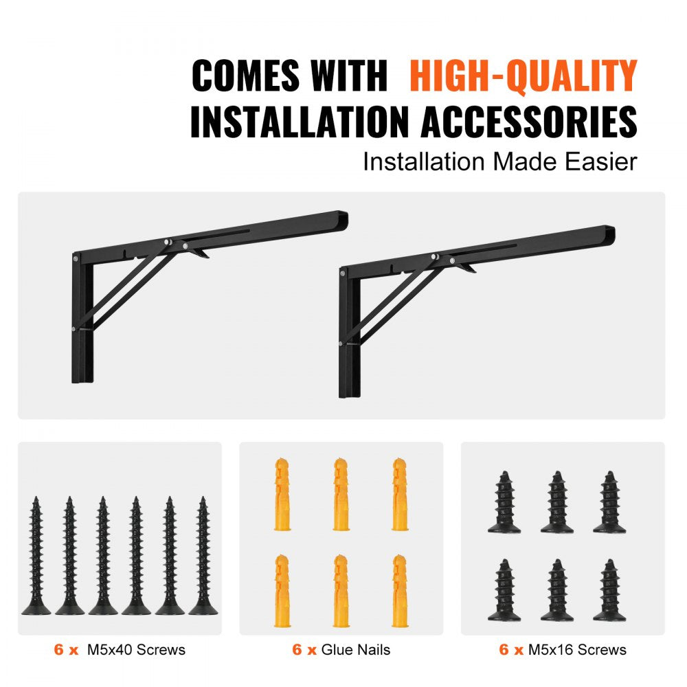 VEVOR Shelf Bracket Foldable, 24” L 2 Pcs , Heavy Duty Floating Shelf Brackets, Brackets for Shelves, 5mm Thick Matte Black L Shelf Bracket,Steel Shelving Brackets with 300 lbs Load Capacity