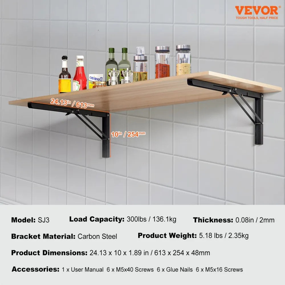 VEVOR Shelf Bracket Foldable, 24” L 2 Pcs , Heavy Duty Floating Shelf Brackets, Brackets for Shelves, 5mm Thick Matte Black L Shelf Bracket,Steel Shelving Brackets with 300 lbs Load Capacity