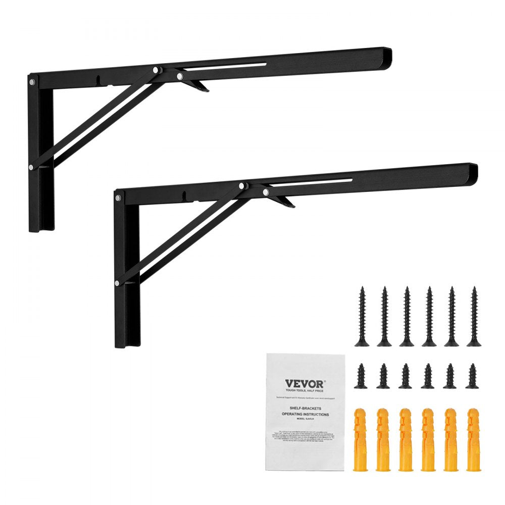 VEVOR Shelf Bracket Foldable, 24” L 2 Pcs , Heavy Duty Floating Shelf Brackets, Brackets for Shelves, 5mm Thick Matte Black L Shelf Bracket,Steel Shelving Brackets with 300 lbs Load Capacity
